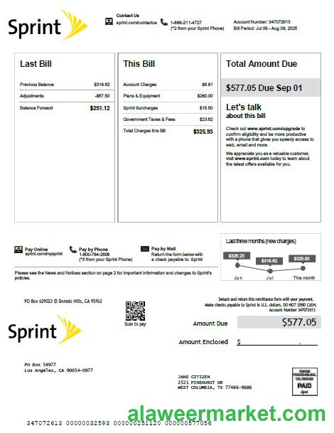 USA Sprint utility bill template in Word and PDF formats, version 3